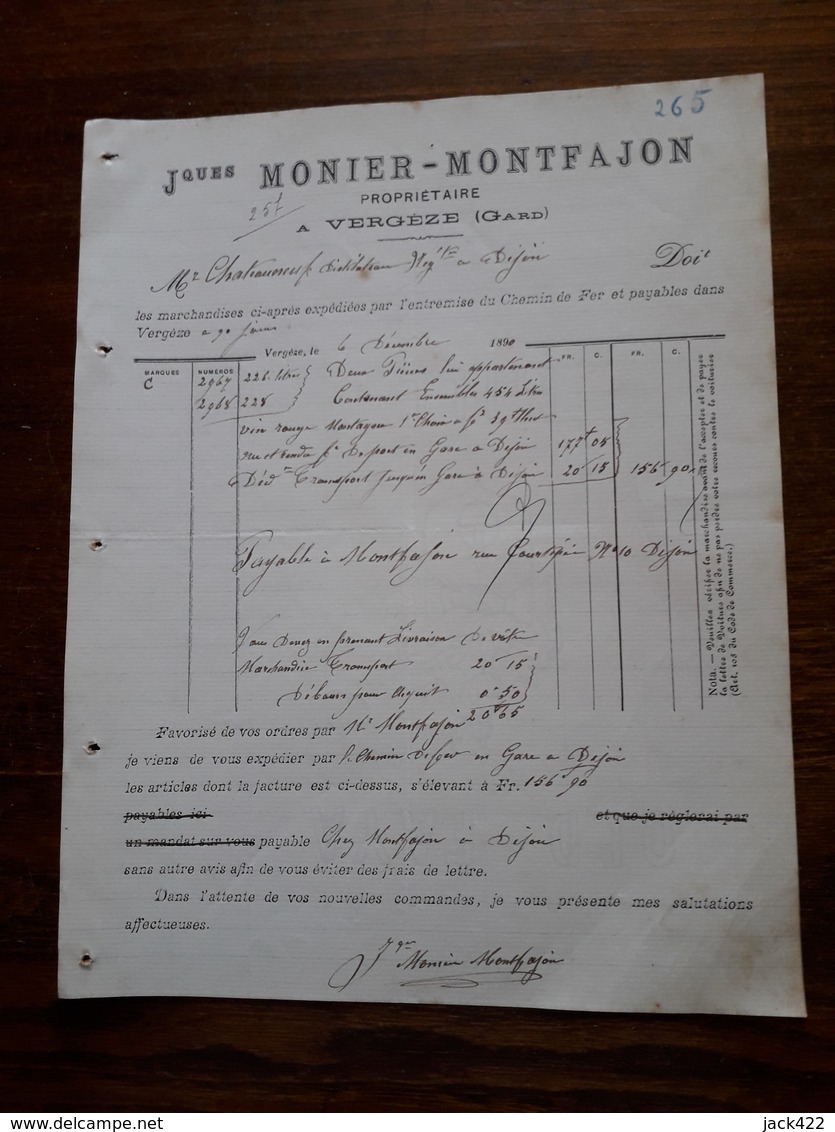 Ancienne Facture. Vergeze. J.Monier - Montfajon - Food