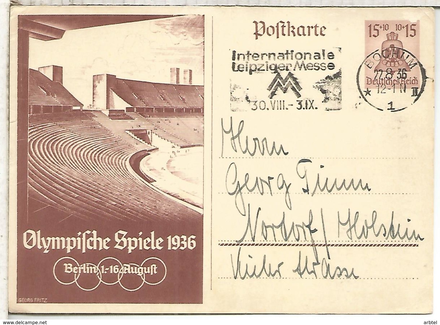 ALEMANIA 1936 ENTERO POSTAL JUEGOS OLIMPICOS DE BERLIN MAT BOCHUM FERIA DE LEIPZIG - Verano 1936: Berlin