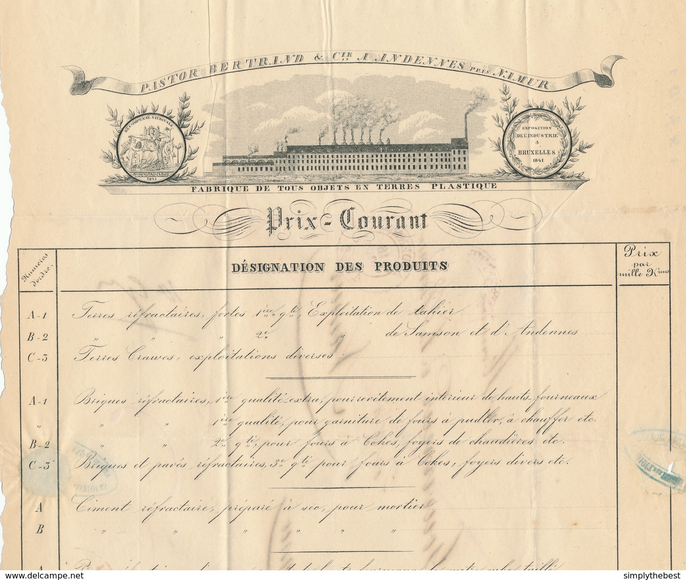 772/28 - Lettre Précurseur En PP ANDENNE 1842 Vers NAMUR - Superbe Entete Illustrée Pastor Bertrand § Cie - 1830-1849 (Belgique Indépendante)