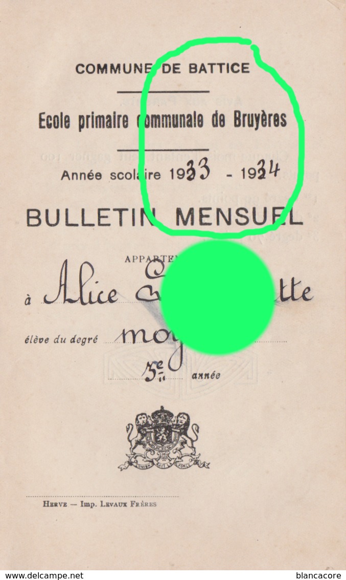 BATTICE Ecole Communale De Bruyères 1933 /34 Bulletin De Lambrette Alice - Diplômes & Bulletins Scolaires