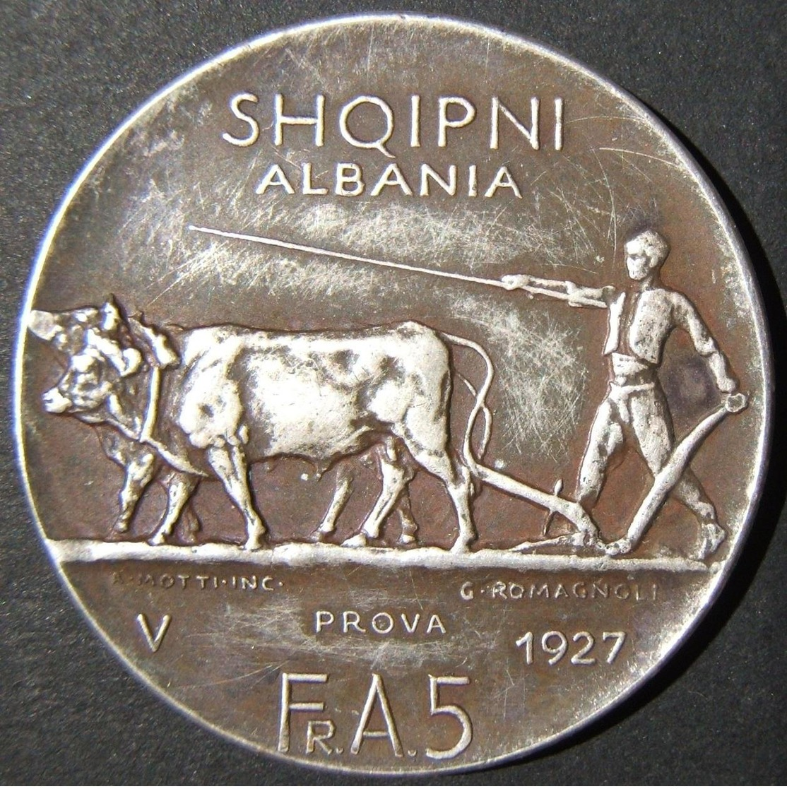 Albanian Silver 5 Franga Ari "Prova" (trial Piece) Coin, 1927, VF; KM# 8.1 - Albanië