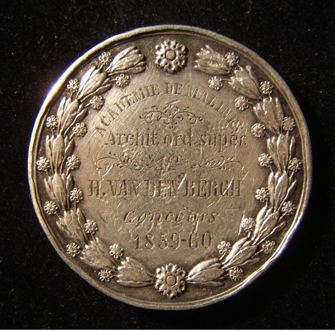 Belgian Academie De Malines 1st Prize Silver Medal To Jew? H. Van Den Bergh 1859 - Autres & Non Classés