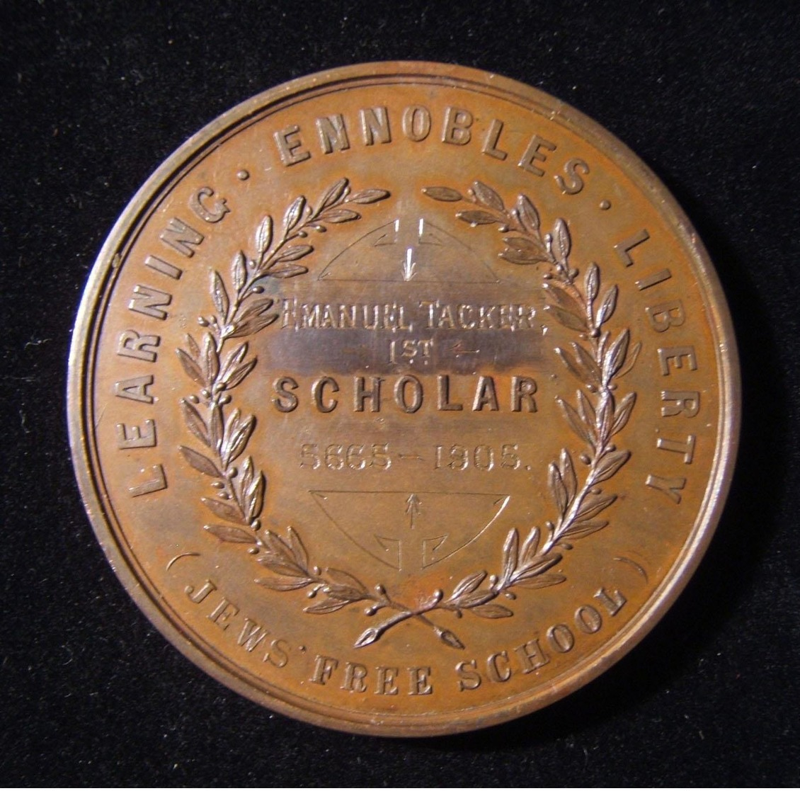 British Jewish Free School 1st Place Scholar Judaica Medal, Emanuel Tacker 1905 - Autres & Non Classés