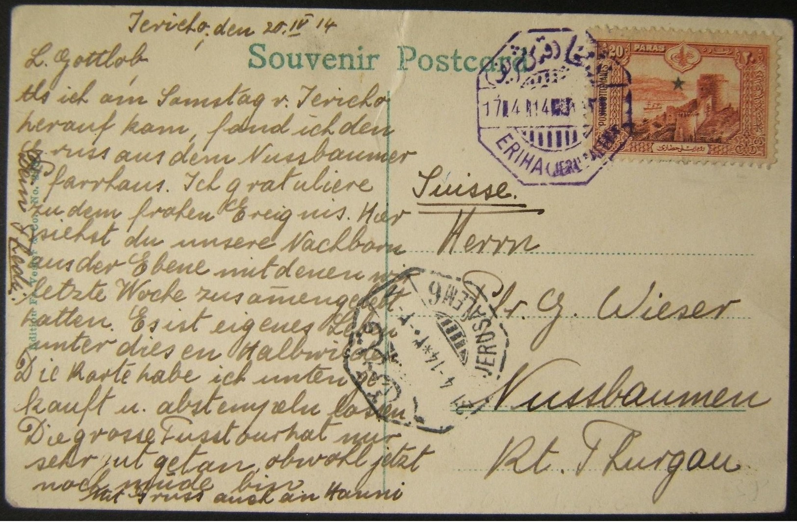 4/1914 Holyland Ottoman ERIHA/JERUSALEM Violet Postmark On Postcard To Switzerland - Palestine