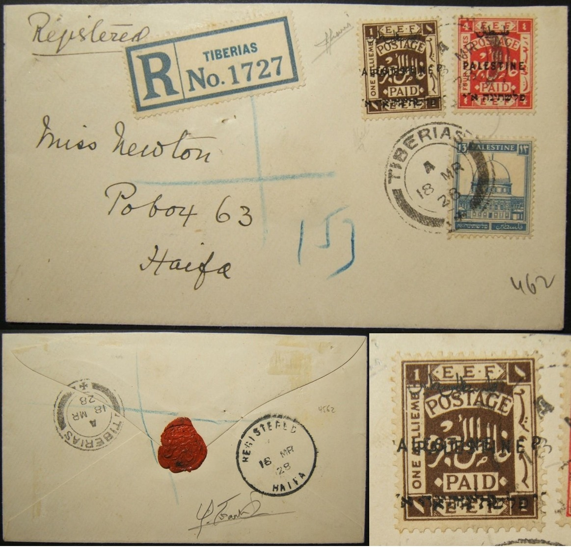 Palestine Mandate 1928 Mixed Franking Mail Including Stamp With Double Overprint - Palestine