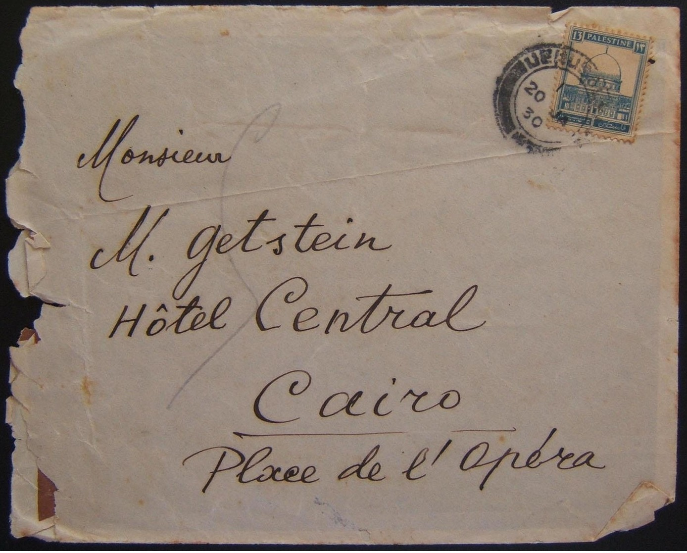 1/1930 Undocumented JERUSALEM Double-circle Postmark UERUSALEM On Mail To CAIRO - Palestine