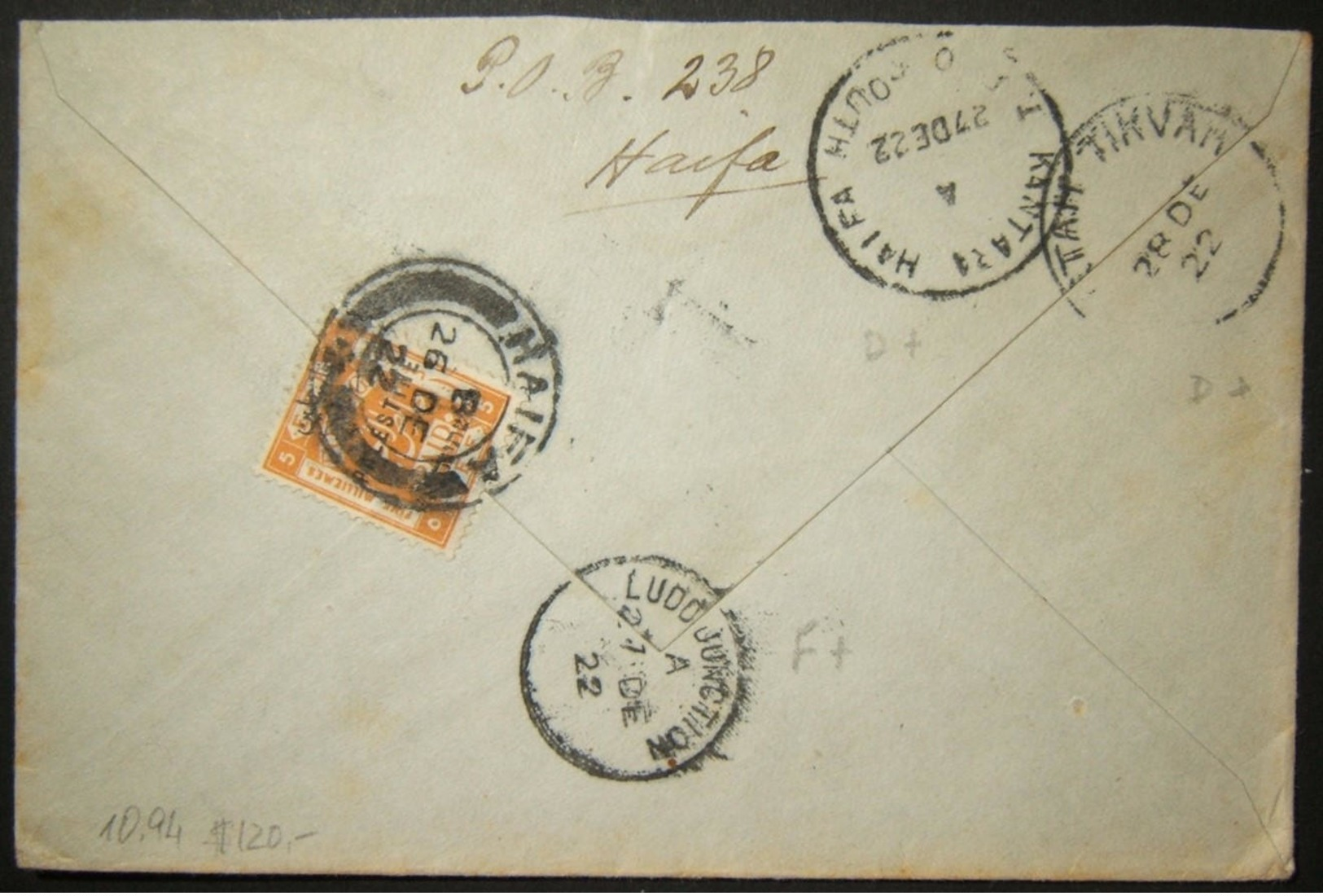 12/1922 KANTARA HAIFA TPO SOUTH & LUDD JUNCTION Postmarks On Mail To Petach Tikva - Palästina