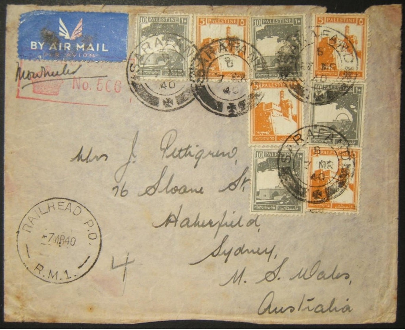 3/1940 Early WWII Australian Army Censored Airmail From Palestine Via Civilian Post - WO2