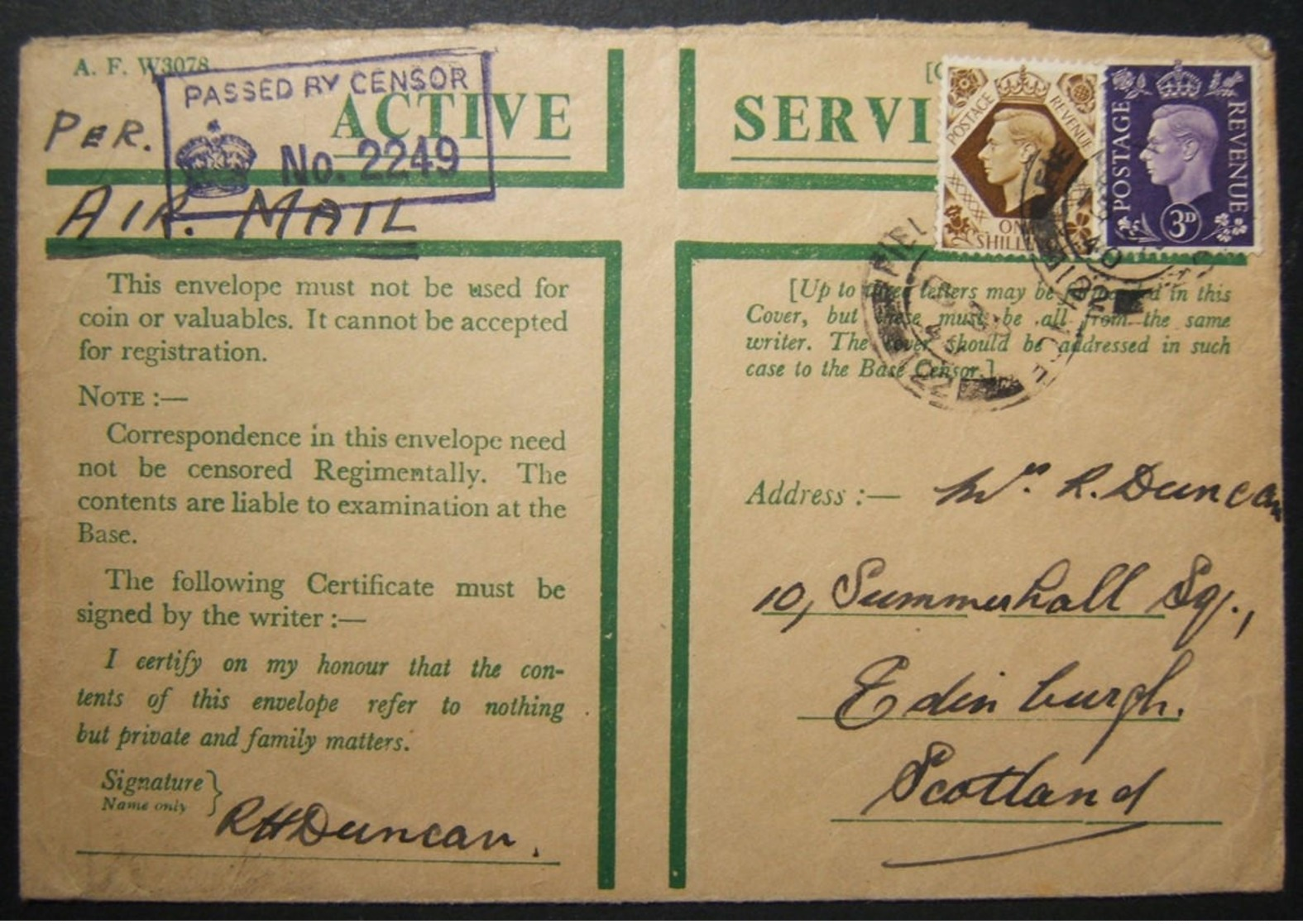 9/1940 WWII Australian Military Mail To Scotland From Palestine Via Horseshoe Route - WW2