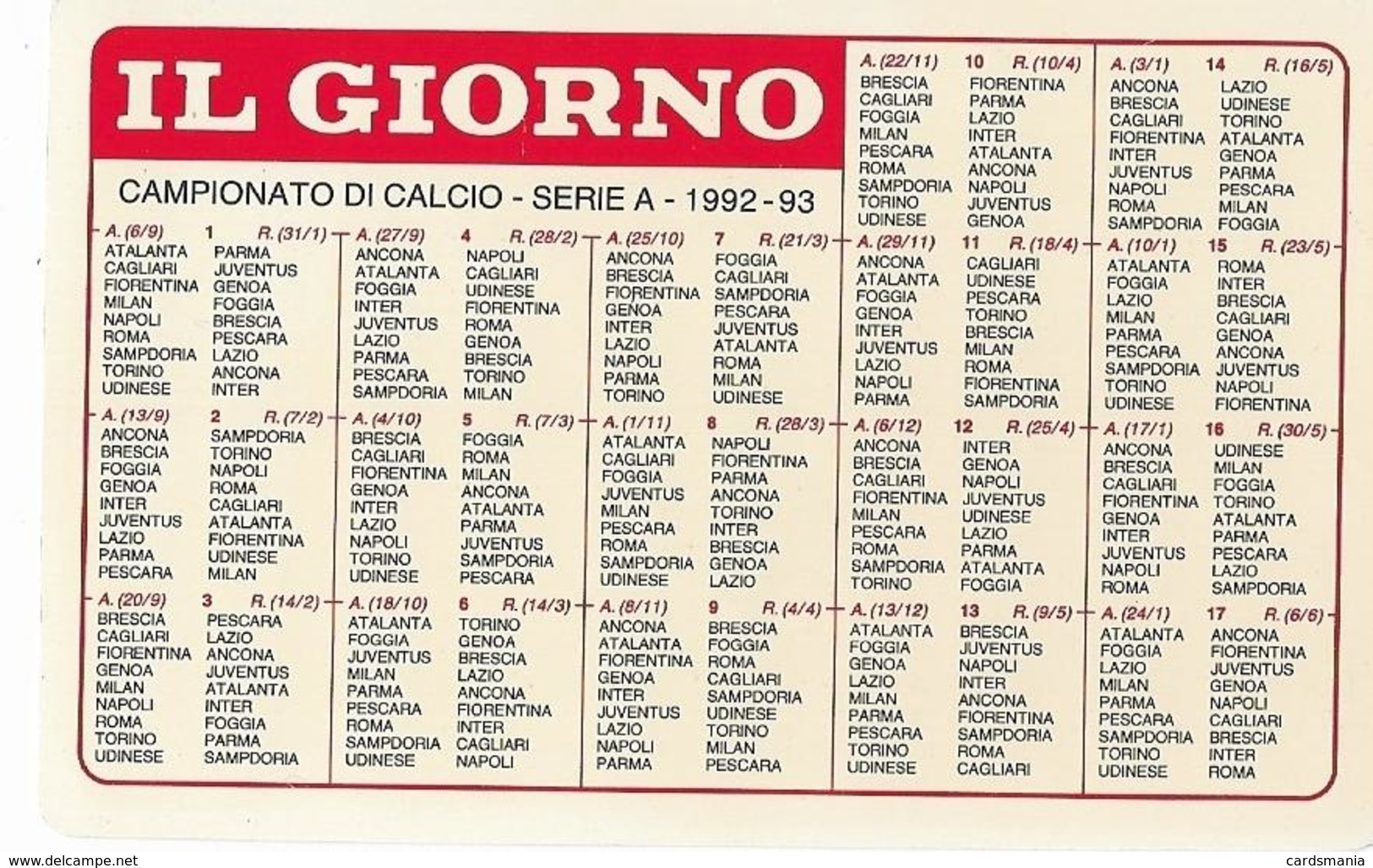 Calendarietto Campionato Di CALCIO 1992-1993 IL GIORNO VAN BASTEN - Altri & Non Classificati