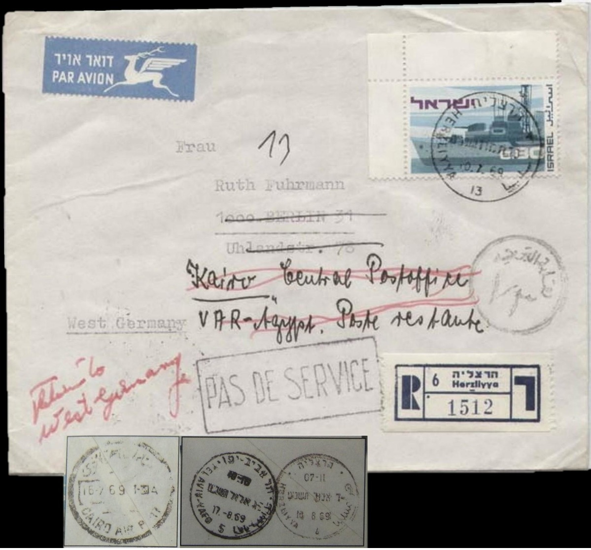 7/1969 Unique Israeli Airmail To Germany Re-routed To Egypt Where Refused Service - Andere & Zonder Classificatie