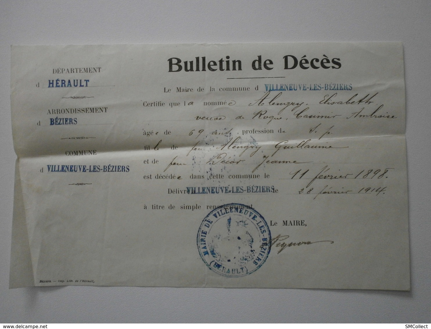 34 Villeneuve Les Béziers. Lot De 3 Bulletins De Décès, Délivrés En 1914 (pour Années 1893, 1895, 1898) - Décès