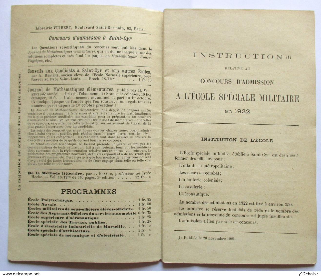 1922 INSTRUCTION RELATIVE AU CONCOURS D ADMISSION A L ECOLE SPECIALE MILITAIRE DE SAINT CYR PARIS VUIBERT - Autres & Non Classés