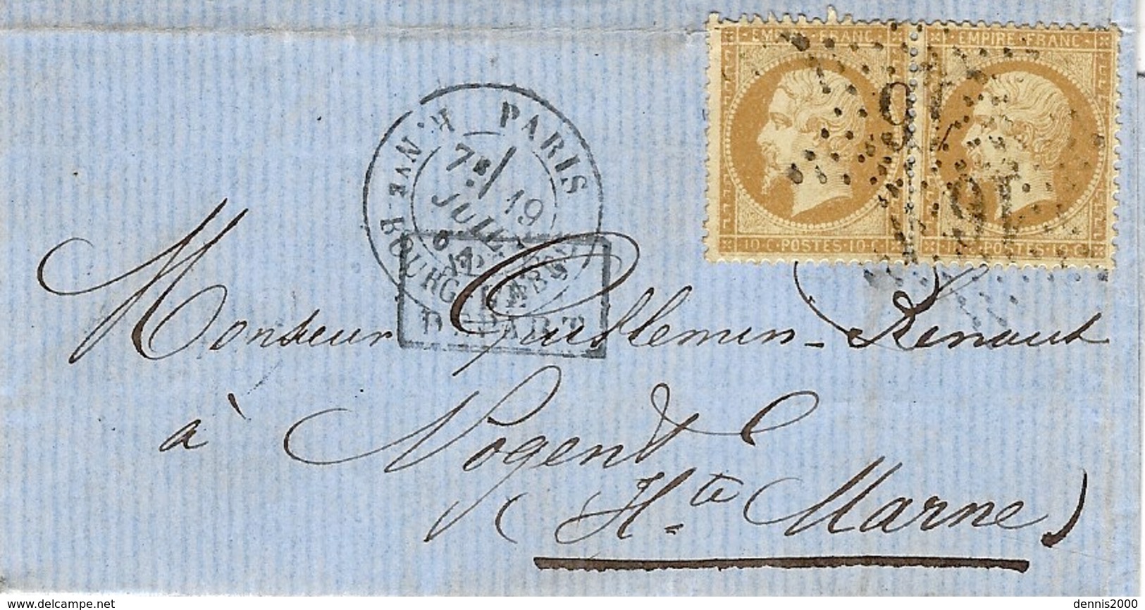 1864 -lettre De PARIS / R.Nve-Bourg-L'Abbé     Affr. Paire N°21  Oblit. étoile 16 - 1849-1876: Période Classique