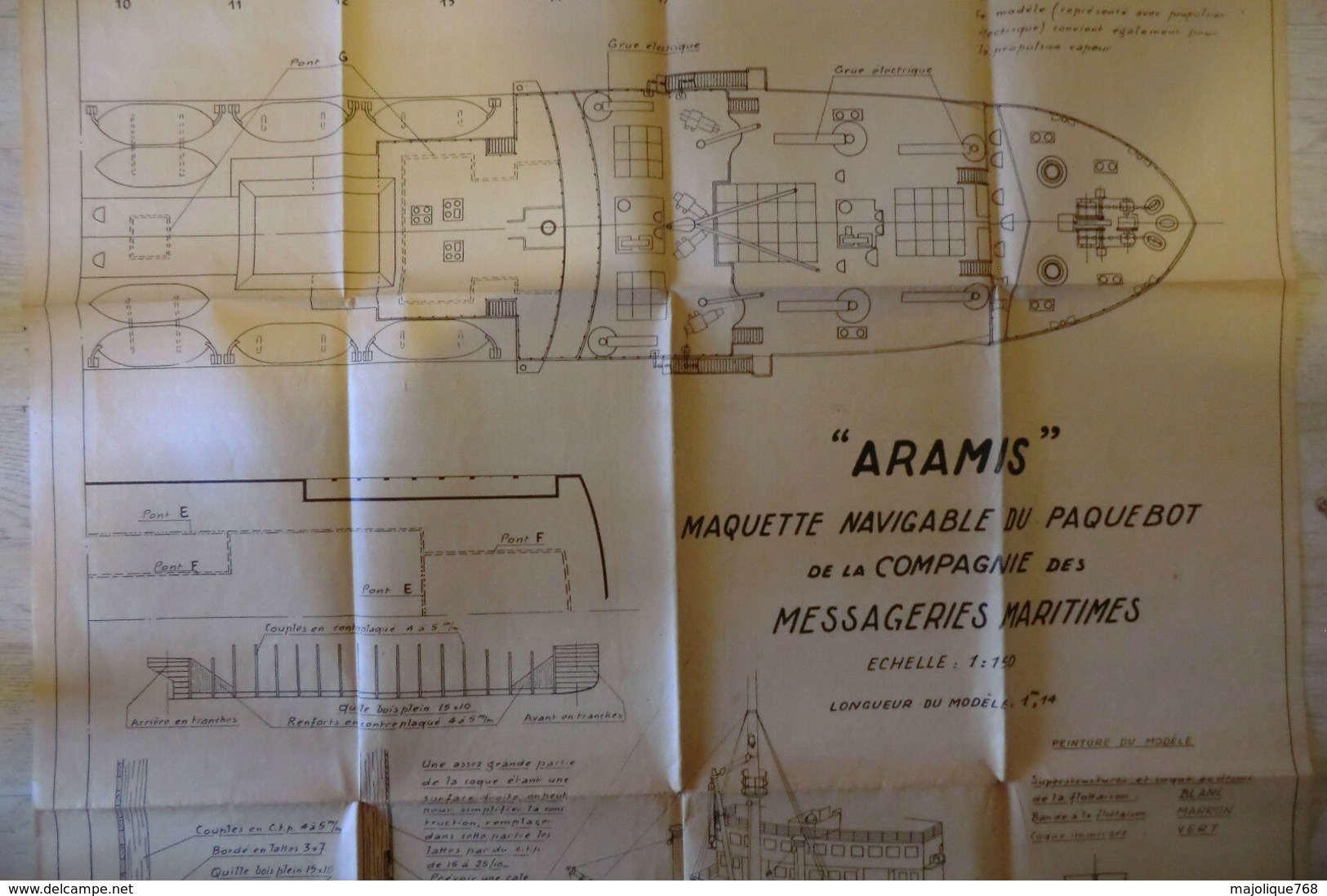 2 plans du modèle réduit aramis paquebot des messagerie maritimes échelle 1/150  dimensions de chaque plan 99,5 x 64 cm