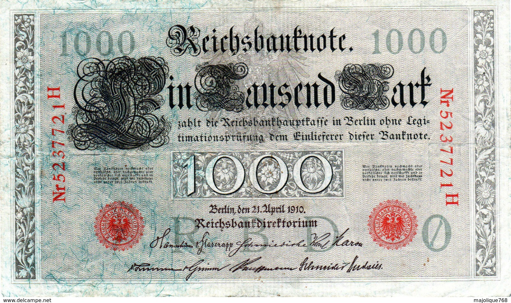 Billet Allemand 1000 Mark Le 21-4-1910 - 7 Chiffres Rouges - En T T B - - 1000 Mark