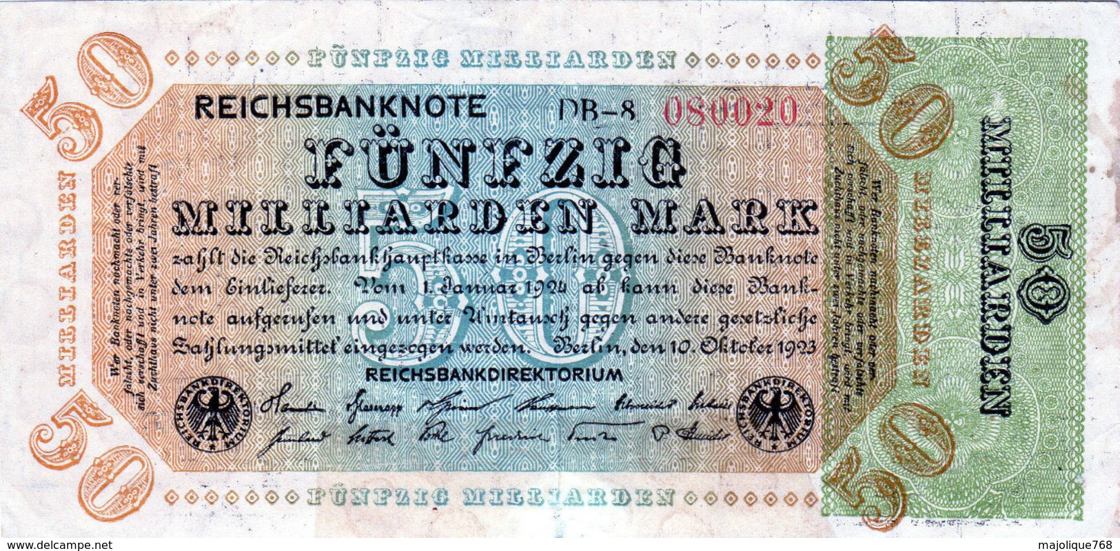 Billet Allemand 50 Miliiarden Mark Le 10-10-1923 - 6 Chiffres En T T B - Uniface - 50 Mrd. Mark