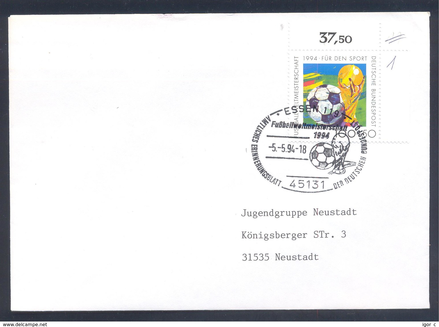 Germany 1994 Cover: Football Fussball Soccer Calcio; FIFA World Cup USA 94 Cancellation; Trophy - 1994 – USA