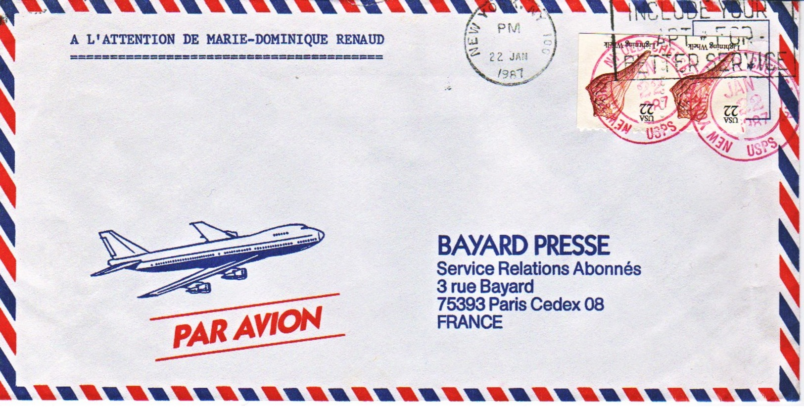 ETATS-UNIS : 1987 - Lettre Par Avion Pour La France - Double Oblitération - Coquillage - Lettres & Documents