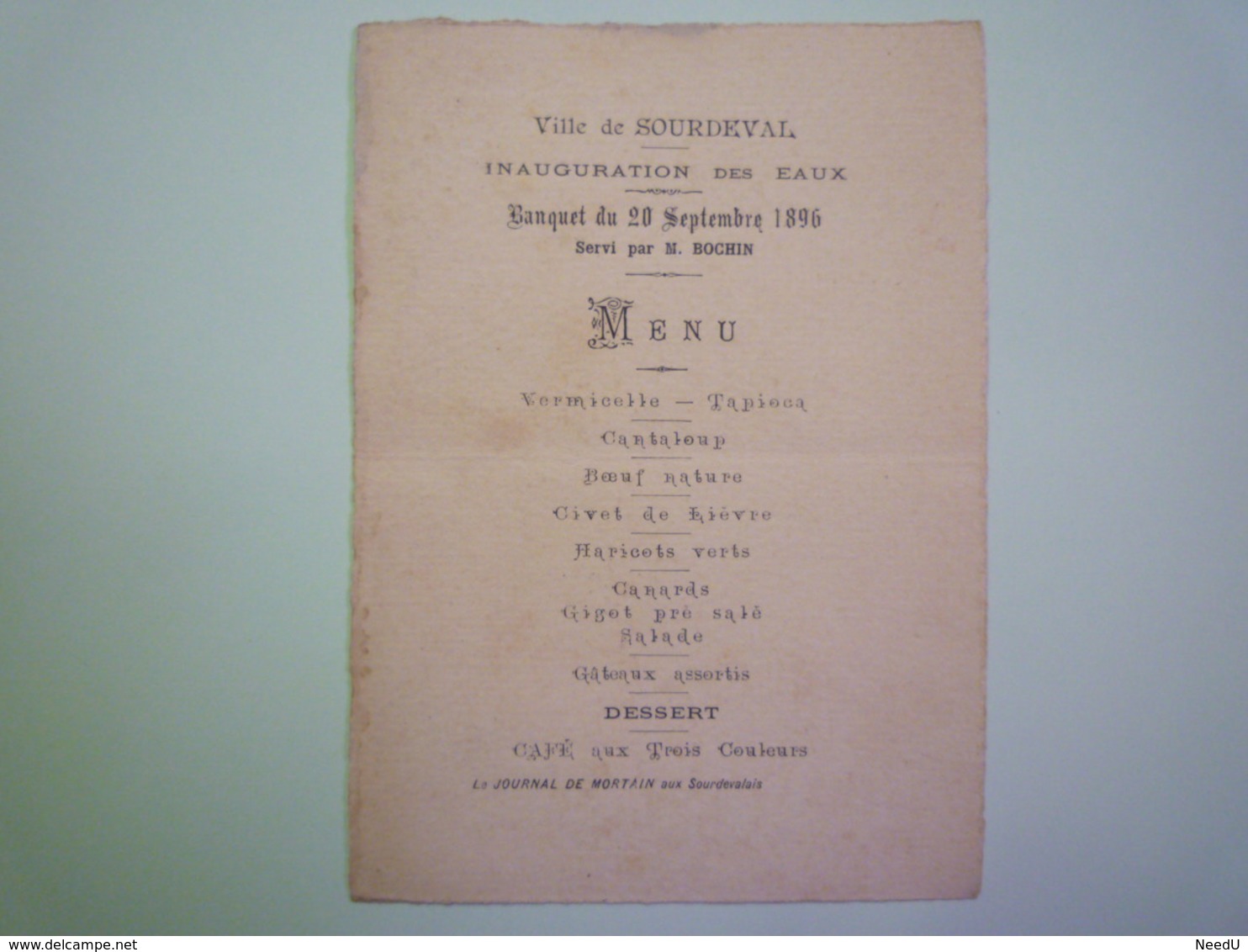 GP 2019 - 647  SOURDEVAL  (Manche)  :  Inauguration Des EAUX  -  MENU Du Banquet Du  20  SEPT  1896   XXXX - Menus