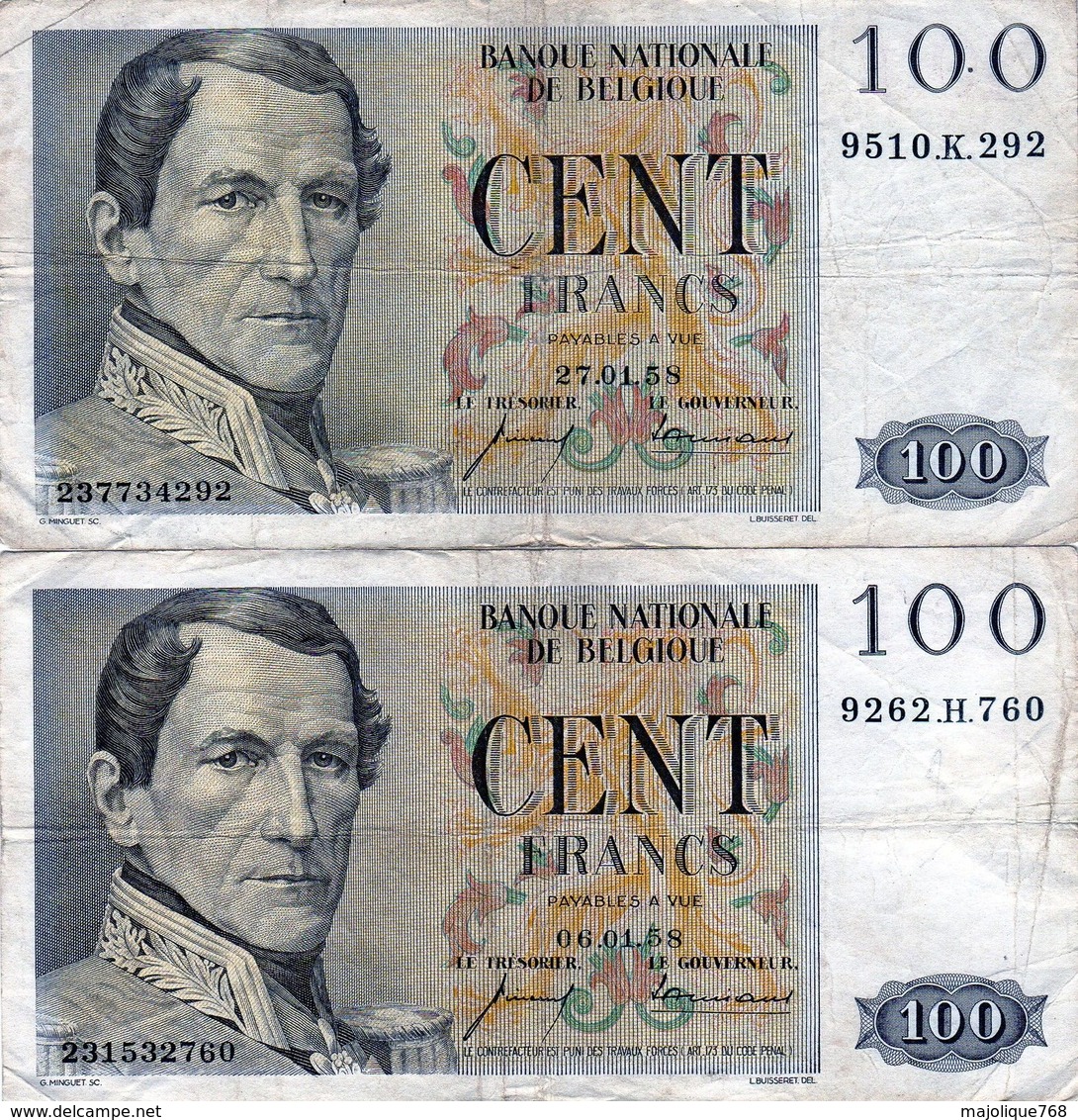 2 Billets Belge De 100 Francs 27-01-58 Et 06-01-58 - En T B - - [ 9] Colecciones