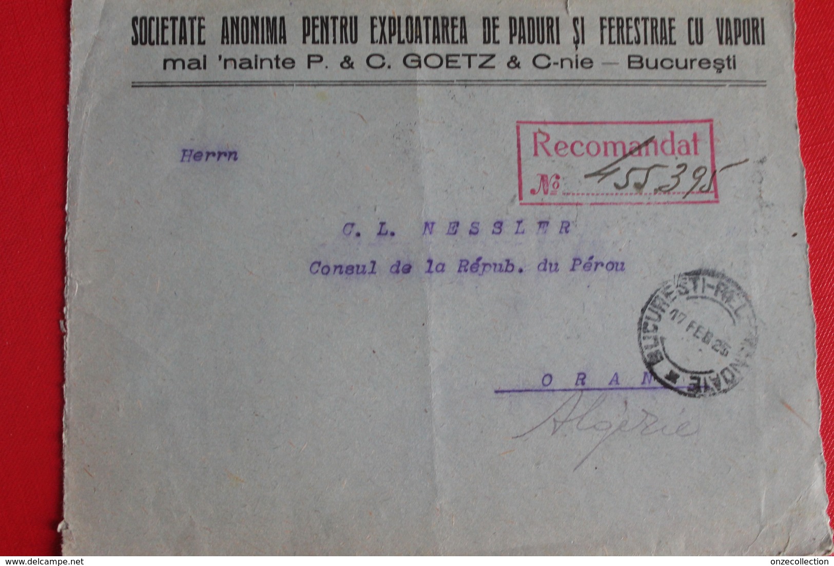 1925        ENVELOPPE   RECOMMANDE  COMPLETE       DE   BUCAREST   POUR  ORAN  ALGERIE  FRANCAISE     2   PHOTOS - Lettres & Documents
