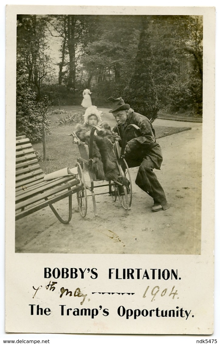 BOBBY'S FIRTATION / POLICEMAN - THE TRAMP'S OPPORTUNITY / PRETTY CHILD IN PRAM / POSTMARK & ADDRESS - MARKET RASEN - Couples