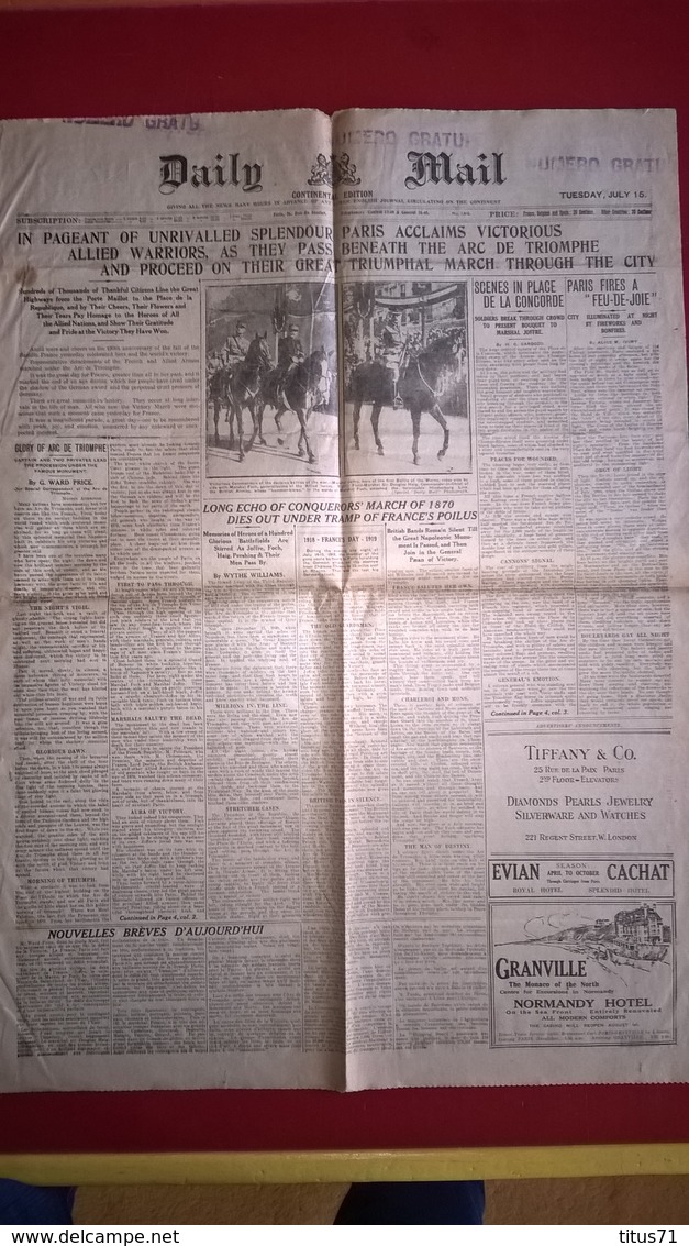 Daily Mail - Continental Edition 15/07/1919 - Défilé Des Alliés à Paris / Parade Of Alliers In Paris - Andere & Zonder Classificatie
