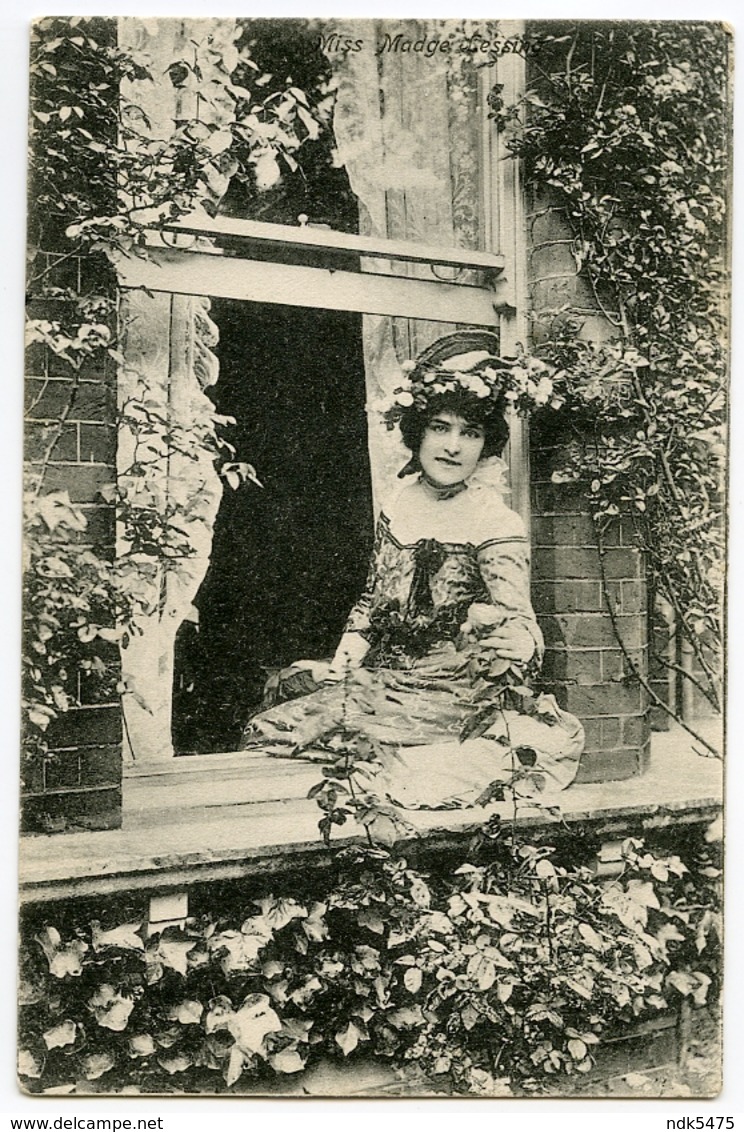 ACTRESS : MISS MADGE LESSING, SITTNG ON WINDOW LEDGE / ADDRESS - SIBLE HEDINGHAM, SWAN STREET (HARRINGTON) - Theatre