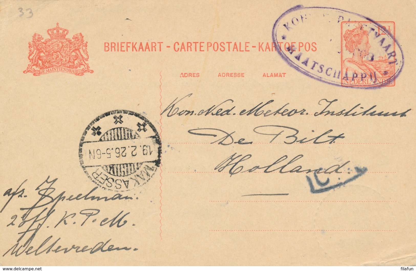 Nederlands Indië - 1926 - LB PAMPANOEA Op Briefkaart Van 2e Off. KPM Via Makasser Naar De Bilt / Nederland - Nederlands-Indië