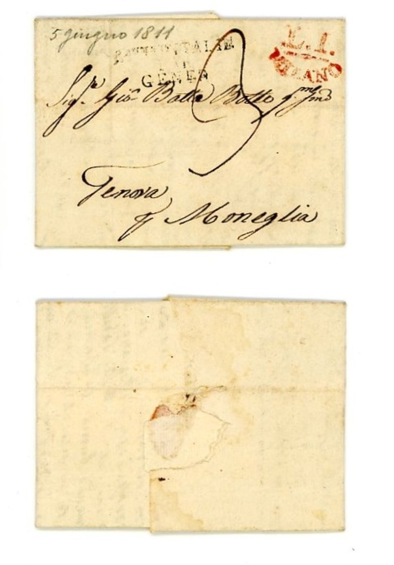 LETTERA PREFILATELICA DA MILANO A MONEGLIA (GE)-GIUGNO 1811 (1A/16B) - 1. ...-1850 Vorphilatelie