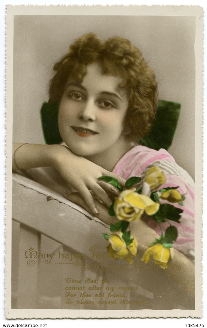 MANY HAPPY RETURNS ON YOUR BIRTHDAY : PRETTY GIRL WITH ROSES (HAND COLOURED) - Birthday