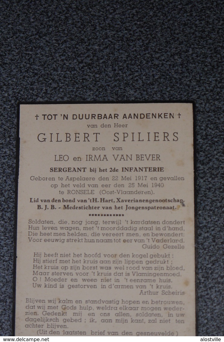 Wo2 1940 1945  Doodsprentje Soldaat Sergeant 2e Infanterie  Aspelare Spiliers + 25/5/1940 Ronsele - Religion & Esotérisme