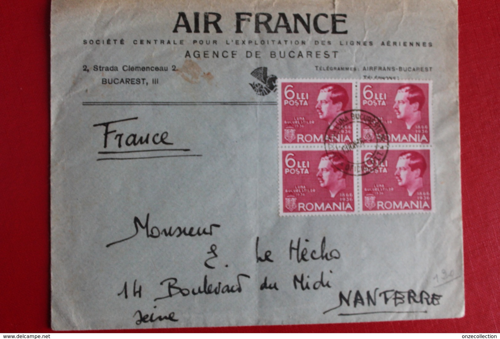 1935      ENVELOPPE      AIR     FRANCE    COMPLETE      BUCAREST         POUR     NANTERRE - Lettres & Documents