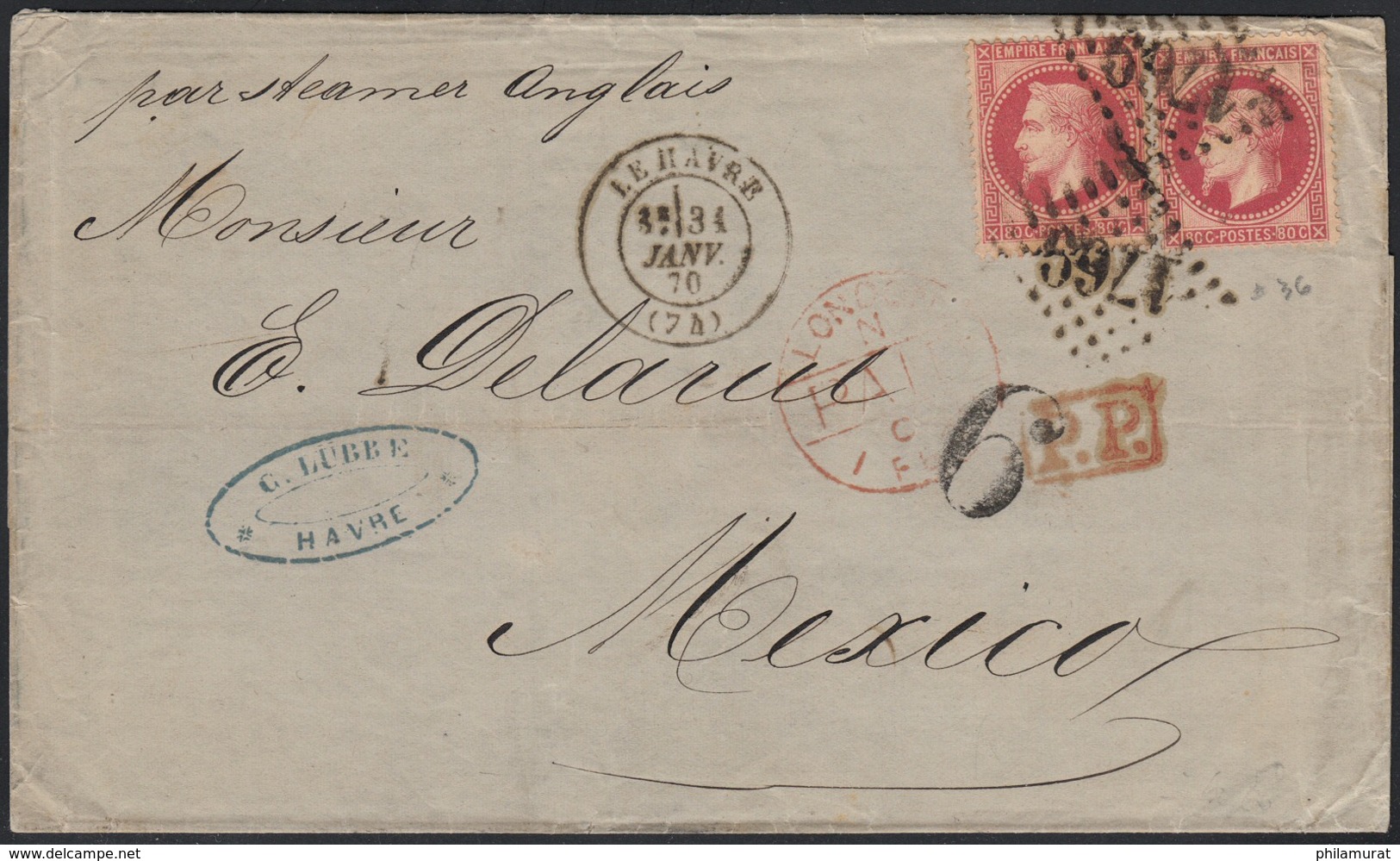 N°32 (x2), Oblitérés Le Havre Sur Lettre Destination MEXICO (Mexique) - TB - 1863-1870 Napoleon III With Laurels
