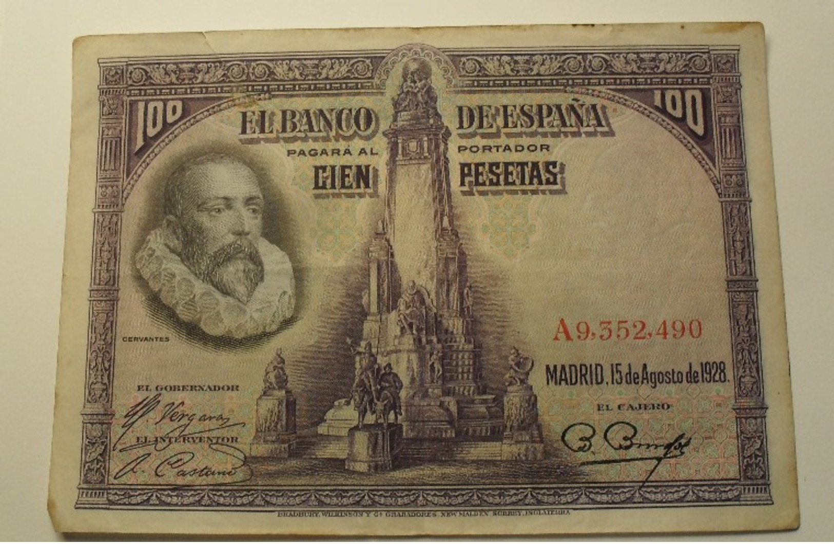 1928 - Espagne - Spain - 100 PESETAS, Madrid, 15 De AGOSTO De 1928, A9, 352,490 - 100 Pesetas