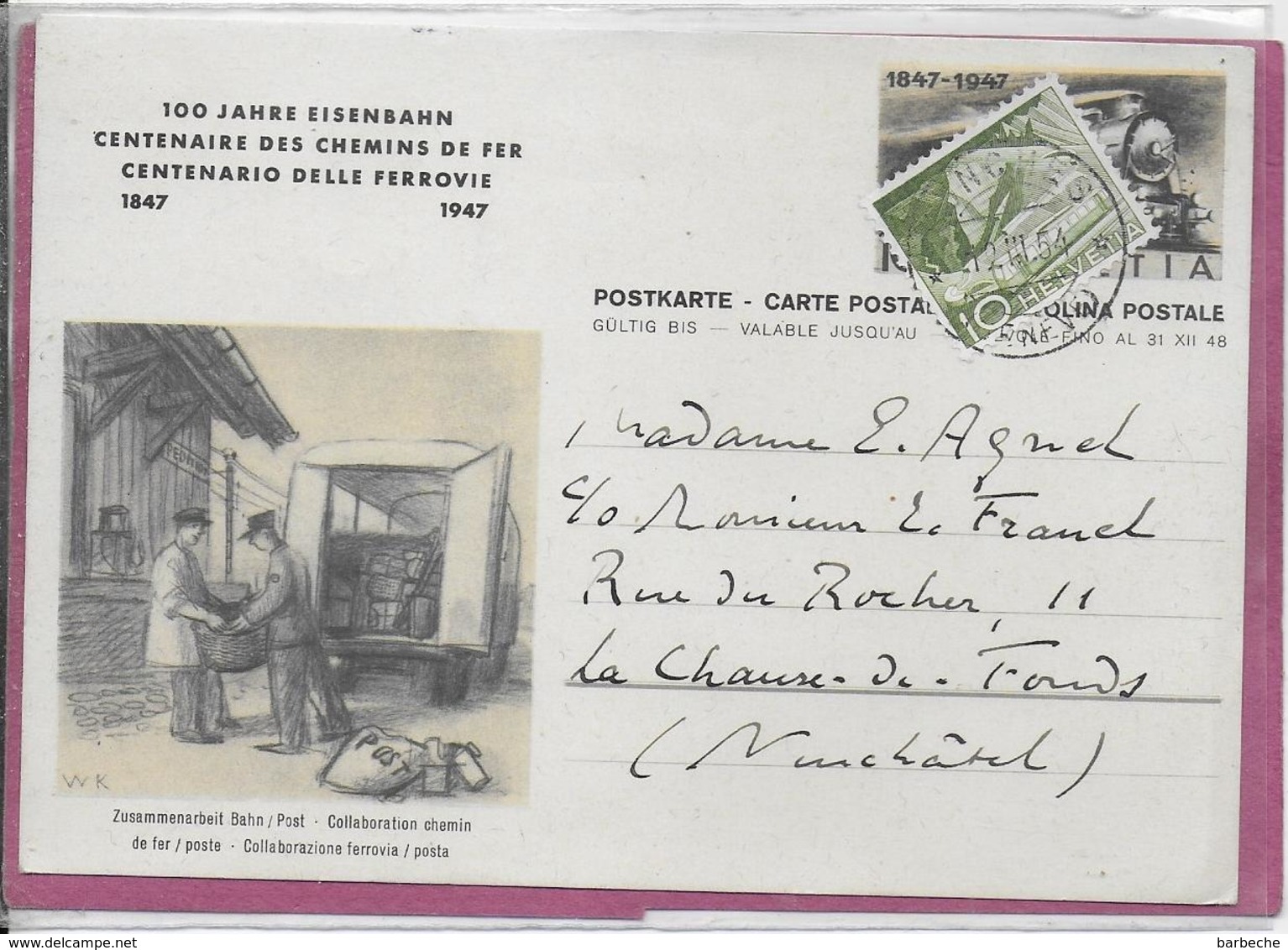 CENTENAIRE DES CHEMINS DE FER  1847-1947 Collaboration Des Chemins De Fer / Poste - Entiers Postaux