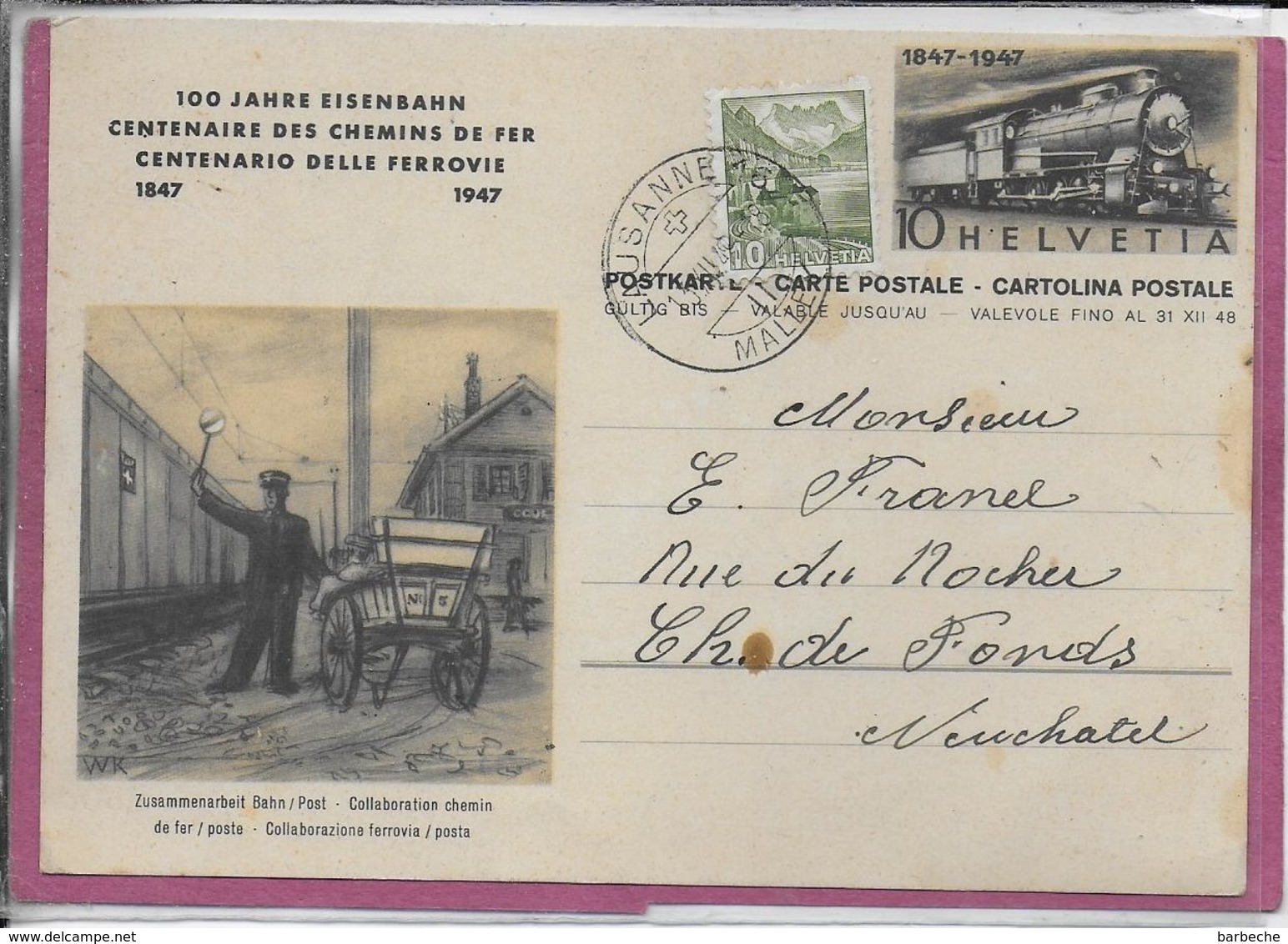 CENTENAIRE DES CHEMINS DE FER  1847-1947 Collaboration Des Chemins De Fer / Poste - Entiers Postaux