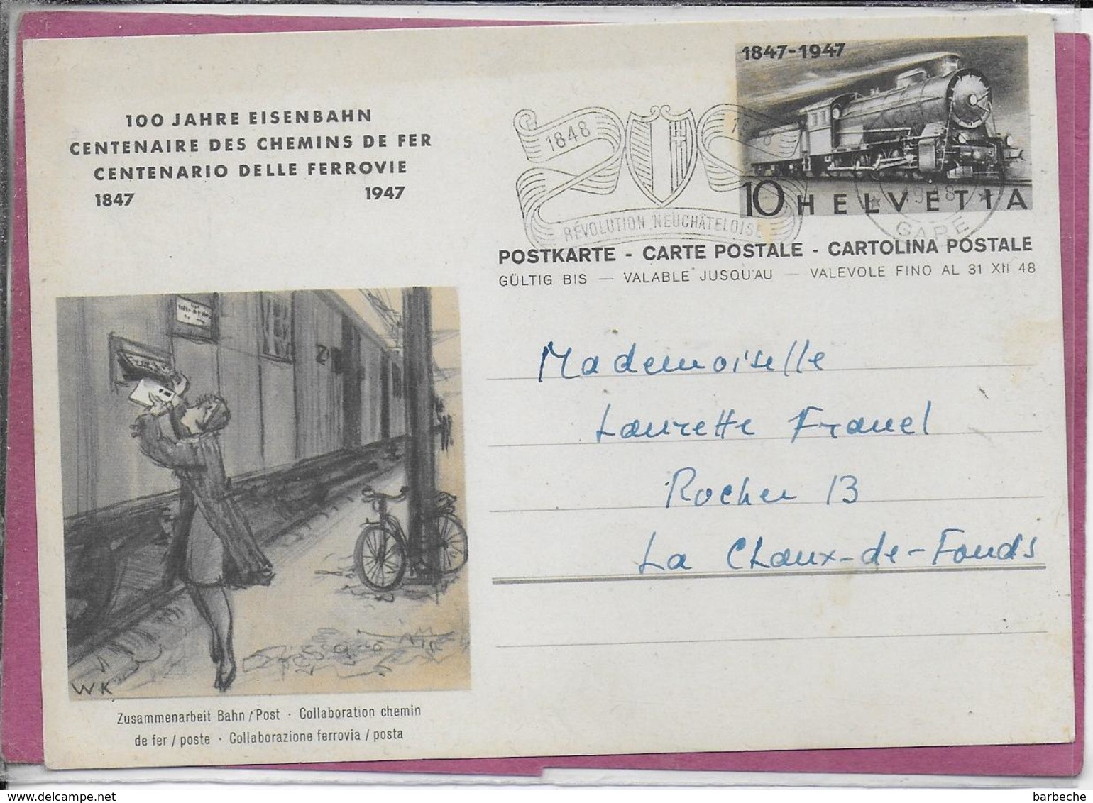 CENTENAIRE DES CHEMINS DE FER  1847-1947 Collaboration Des Chemins De Fer / Poste - Entiers Postaux