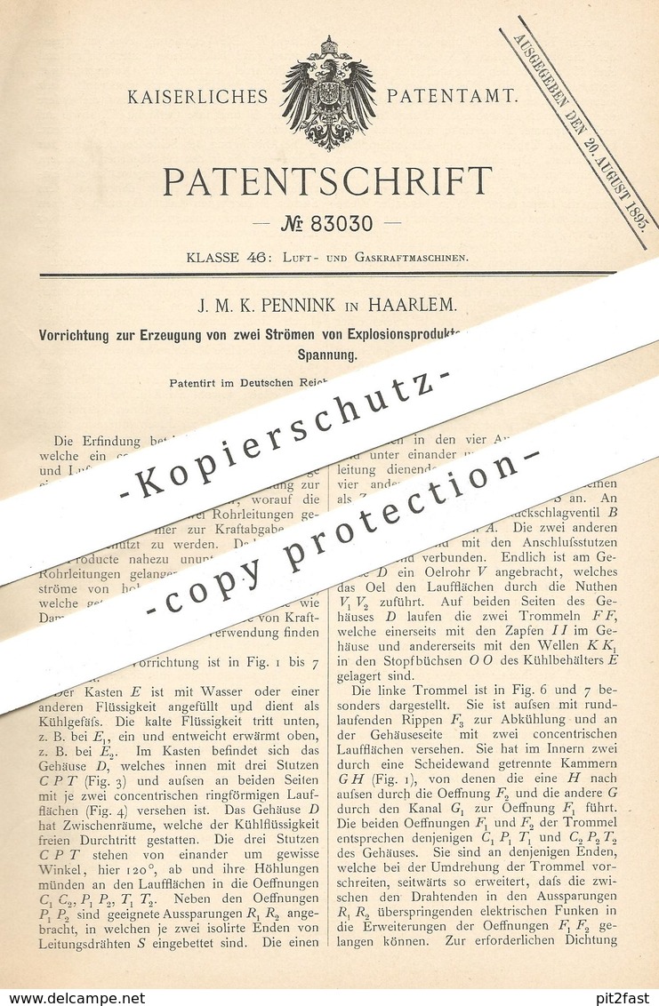 Original Patent - J. M. K. Pennink , Haarlem , 1894 , Erzeugung Von Strom Von Explosionsprodukten | Gasmotor | Gas Motor - Historische Dokumente