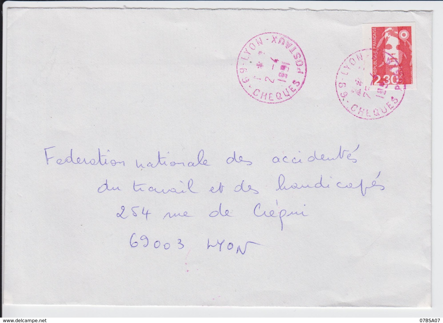 CACHET DE SERVICE SUR MARIANNE RHONE ENV 1991 -69- LYON CHEQUES POSTAUX ENCRE ROUGE - 1961-....