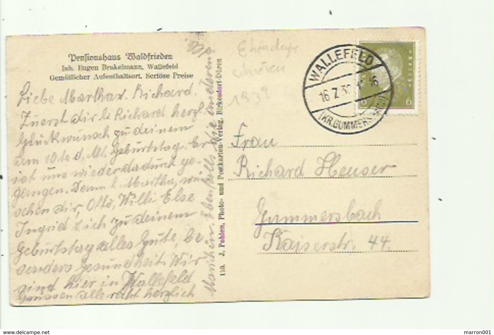 Wallefeld - Pensionhaus Waldfrieden - Stempel 1939 (2scans) - Andere & Zonder Classificatie