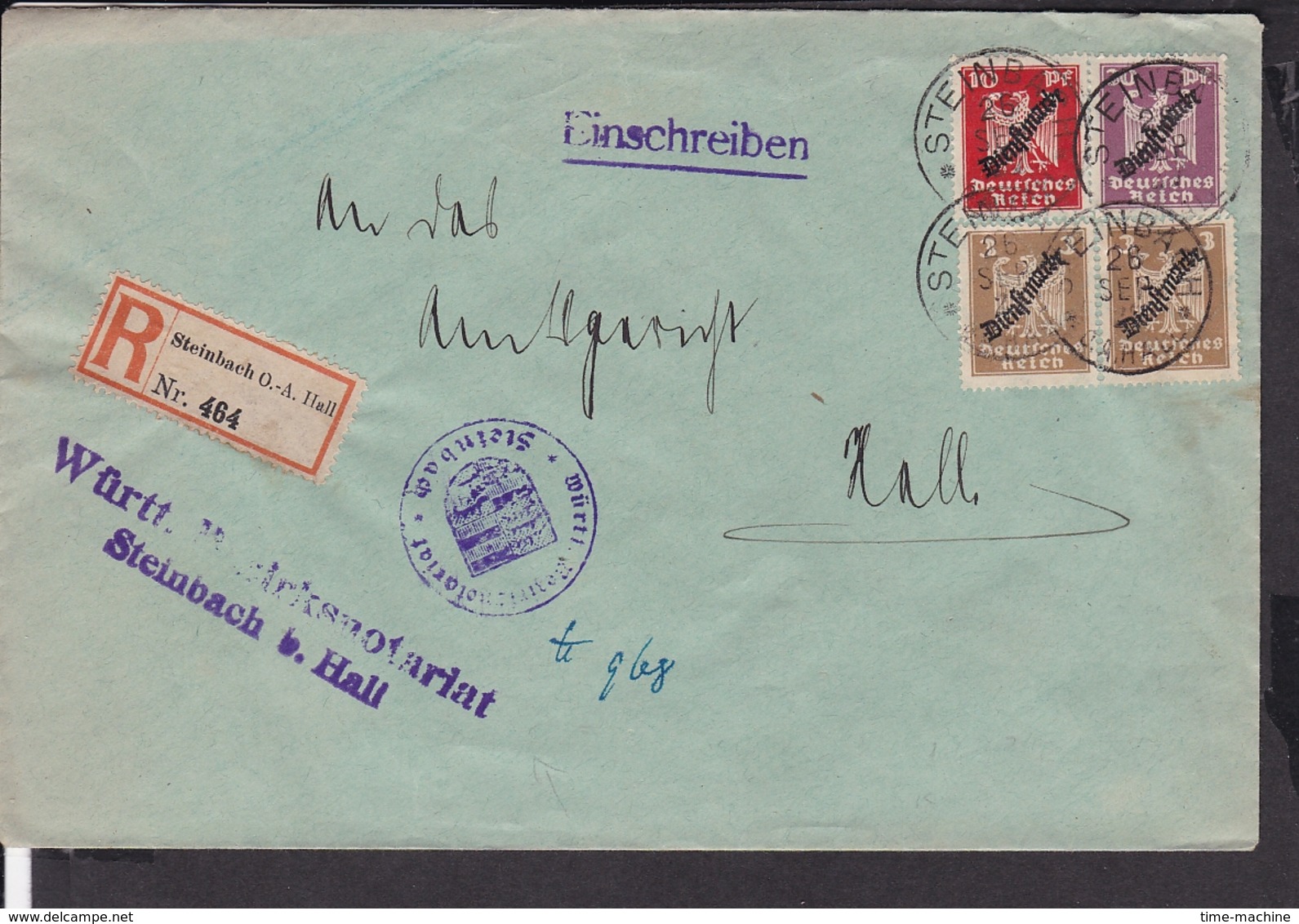 Einschreibbrief Steinbach Nach Schwäbisch Hall 1927 - Lettres & Documents