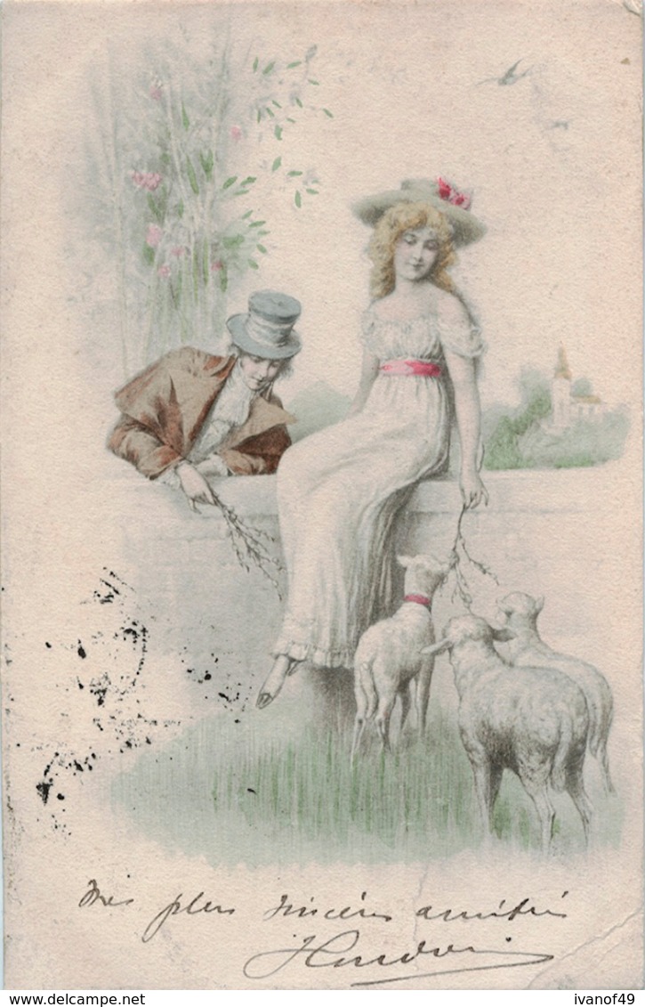 Illustrateur VIENNE - Chromo Litho - Jeune Femme Avec Ses Moutons - Précurseur 1901 - Vienne