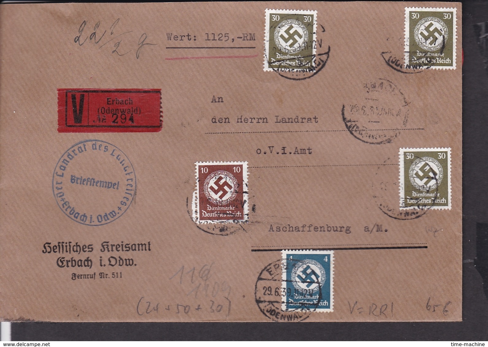 Dienstmarken Deutsches Reich Wertbrief Stempel Erbach Nach Aschaffenburg 1939 - Briefe U. Dokumente