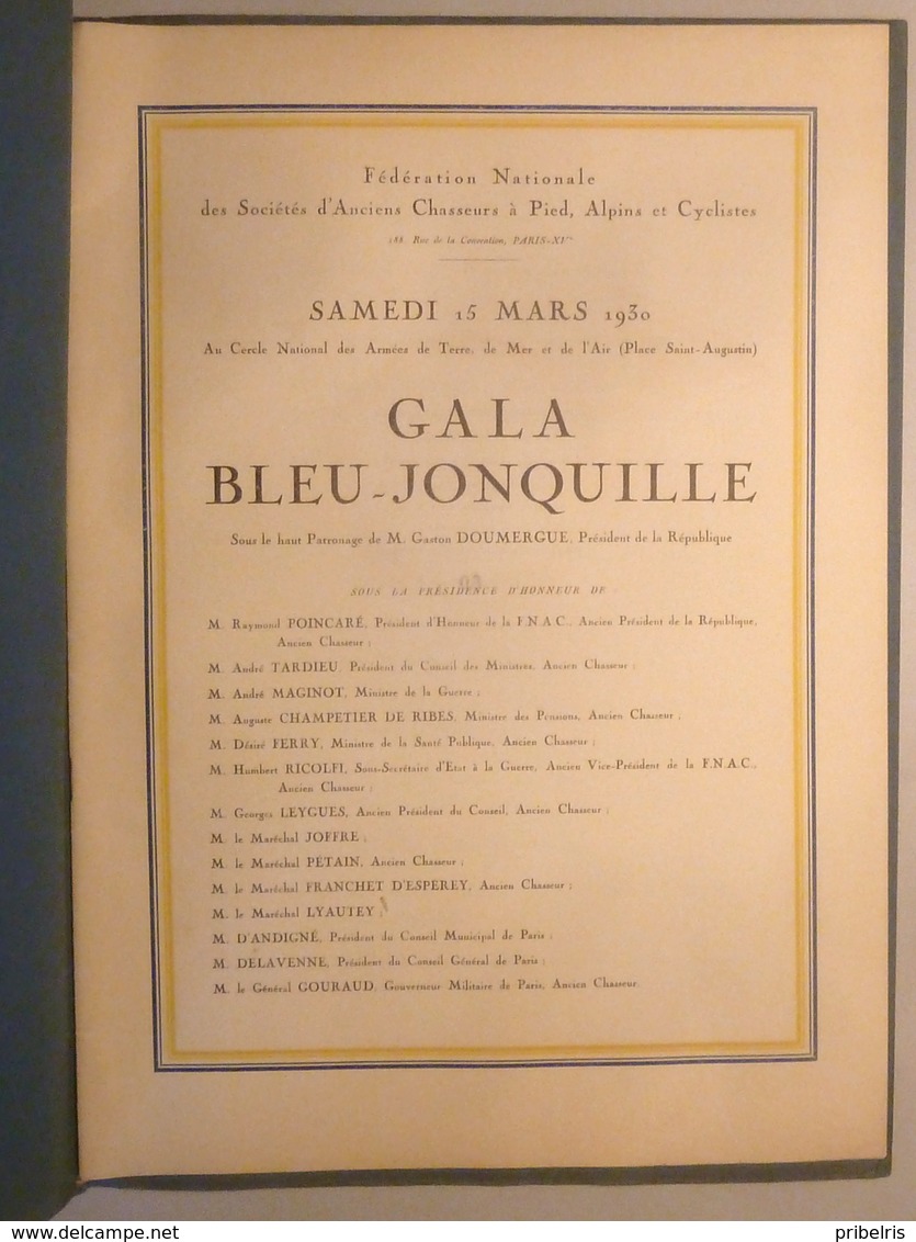 Programme Du Gala Bleu Jonquille 15 Mars 1930 -Fédération Nationale Des Anciens Chasseurs à Pied, Alpins Et Cyclistes - - Autres & Non Classés