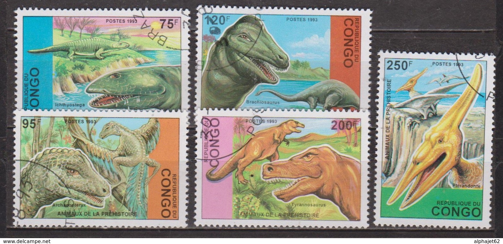 Animaux Préhistoriques - Dinosaures - CONGO - Brachiosaure, Tyrannosaure, Pteranodon - N° 1398 à 1402 - 1993 - Oblitérés