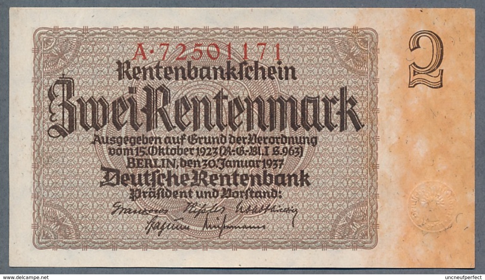 P174b Ro167b DEU-223b 2 Rentenmark 1937 UNC NEUF! - 2 Rentenmark