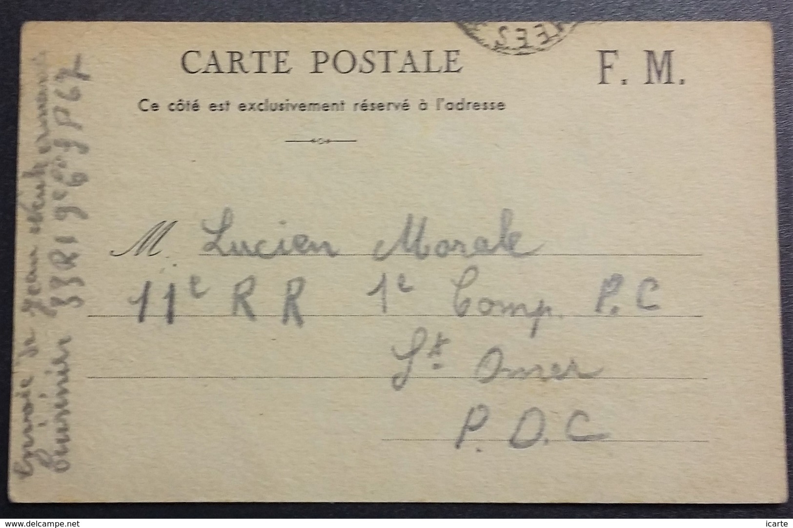 Carte De Franchise Militaire Cuisinier 33e Régiment D'Infanterie Vers 11e Régiment Régional Saint-Omer Nov 1939 - Lettres & Documents