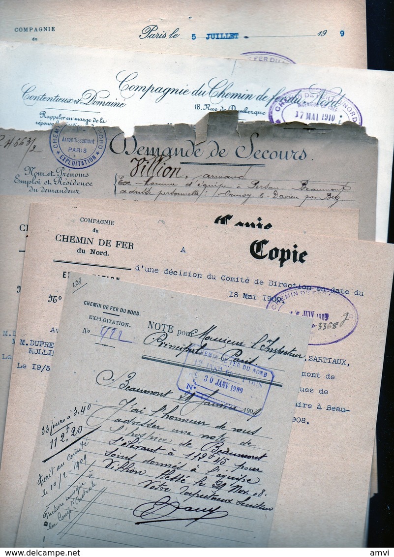 C -02 - Dossier Accident Chemin De Fer Du Nord - Nombreux Papiers En Tête 1908 VILLION - PERSAN BEAUMONT - Chemin De Fer
